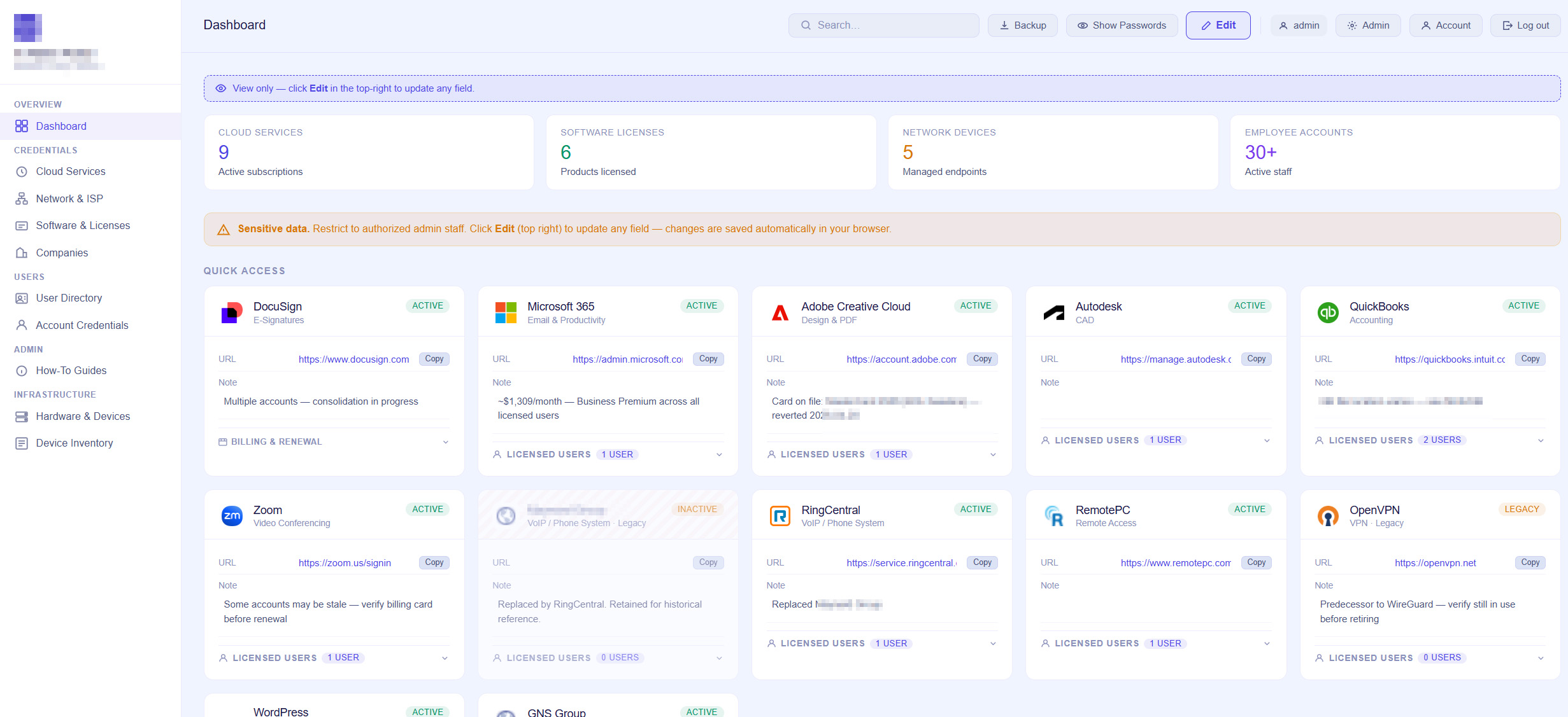 Admin console for credentials, licenses, and devices