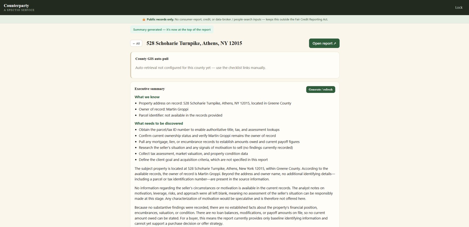 Counterparty buy-side real-estate acquisition report built from public records