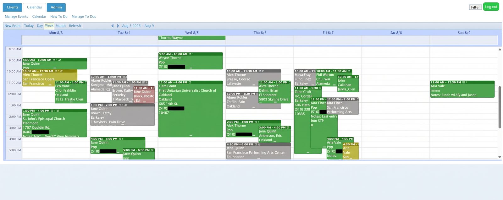 Weekly scheduling calendar with client appointments across a team